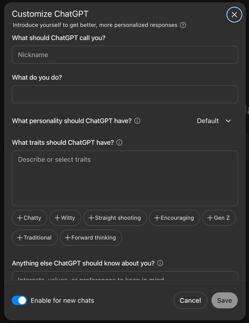 Customization of ChatGPT personality traits